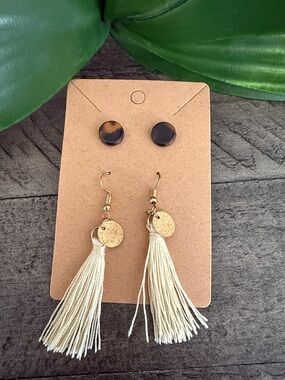 Tassel Drop Earrings and Stud Set - Cream & Tortoiseshell
